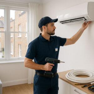 Man putting up air conditioning unit