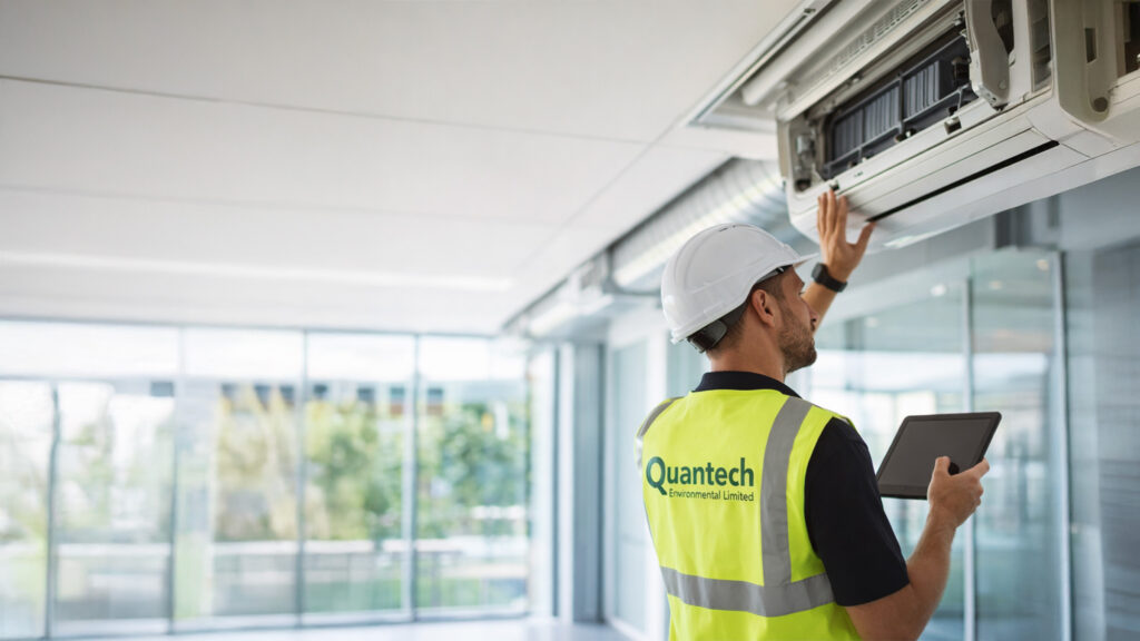 Quantech worker performing TM44 Air Conditioning Inspections
